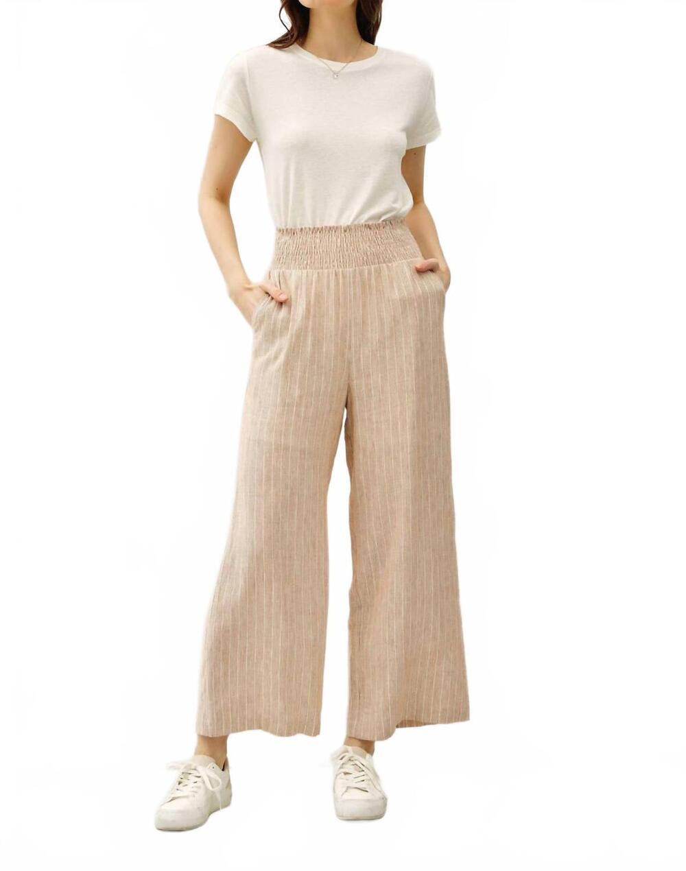 NEW BE COOL striped linen blend wide leg pants in almond
